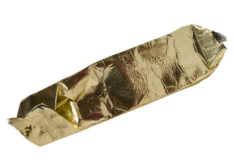 Ground coffee packaging, shiny and wrinkled, isolated background.