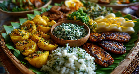 Vibrant South Asian Vegetarian Meal Featuring Tempeh Greens and Rice on a Large Wicker Platter