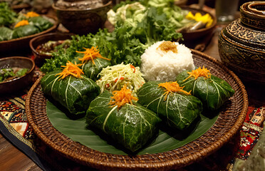 Steamed Rice and Vegetable Rolls Wrapped in Green Leaves Served with Shredded Cabbage on a Wicker Plate