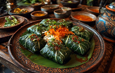 Garnished Leaf Wraps Topped with Sauce and Green Onions on an Ornate Traditional Wooden Platter