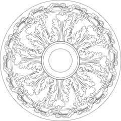 Ornate vector of a circular ceiling rosette, featuring intricate acanthus leaf scrolls and symmetrical floral decorations.
