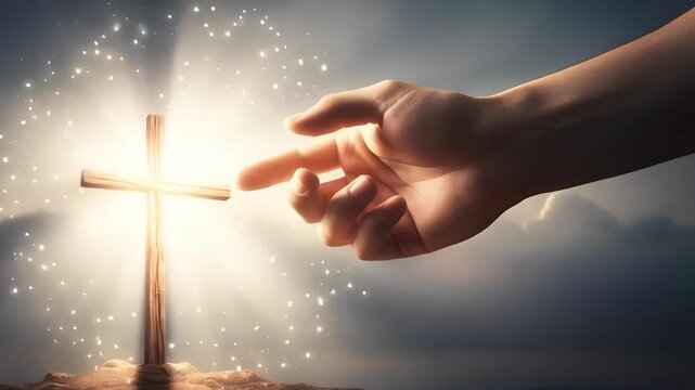 Jesus' hand extended toward the human hand of a small child against the backdrop of the crucifixion and sunset. Concepts of salvation, faith, and religious spiritual guidance.