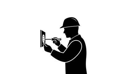 Silhouette of a construction worker using a drill on a wall.