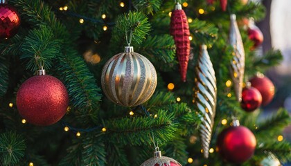 Beautifully decorated green Christmas tree with shiny red and gold ornaments, baubles, and warm glowing fairy lights creating a festive holiday atmosphere with a soft bokeh background