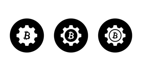 Cryptocurrency gear icon with bitcoin symbol. Crypto finance settings, digital finance management concept in black circle