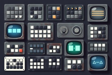 Multiple control panels are shown with different buttons, switches, and screens. The panels feature various layouts and colors for operations and functions