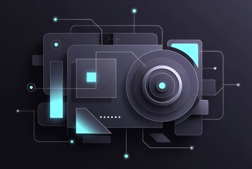 A design displays various camera parts and digital shapes arranged on a dark surface. The layout features geometric designs that suggest modern technology