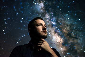 A man stands looking at the night sky filled with stars and galaxies. His face is thoughtful as he enjoys the beauty of the universe. This scene takes place outdoors in a dark area