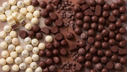 Assortment of fine chocolate candies, white, dark, and milk chocolate Sweets background. Copy space. Top view.
