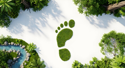 Green grass footprint symbol surrounded by lush nature and water, ecological concept representing sustainability and reducing carbon emissions