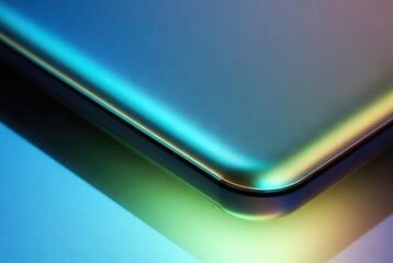 A close view of a laptop shows its sleek design and colorful reflections on a smooth surface. The lighting creates a gradient of colors that adds depth to the scene