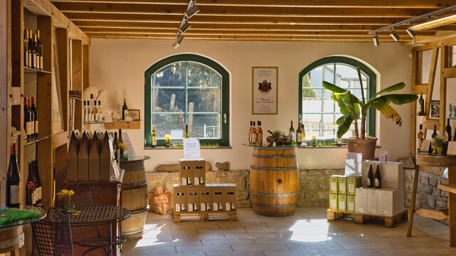 Innenansicht der lichtdurchfluteten Vinothek im Th&uuml;ringer Weingut Bad Sulza mit rustikalen Holzregalen und Weinf&auml;ssern am 21.03.2025, Sonnendorf, Th&uuml;ringen, Deutschland