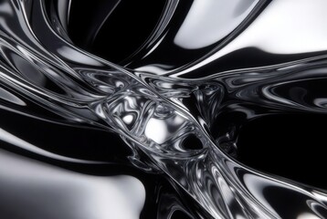 The surface shows flowing shapes in metallic black and silver. The curves twist and turn, creating a dynamic visual effect. Light reflects off the surface, enhancing the design