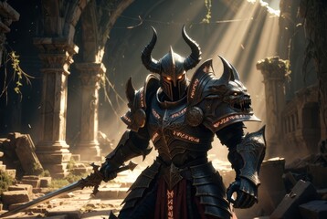 A knight in dark armor stands in ancient ruins, holding a sword in a battle stance. Light filters through broken stone pillars. The scene has an air of anticipation
