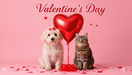 Cute dog and cat with valentine heart shape balloon on pink background. Photograph of Valentine's day card with adorable dog. Generative AI
