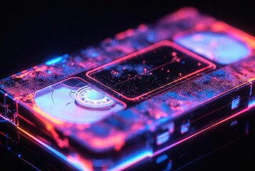 A video cassette tape rests on a dark surface, illuminated by bright neon lights. The colors create a vibrant display that emphasizes the retro design and nostalgia of past technology
