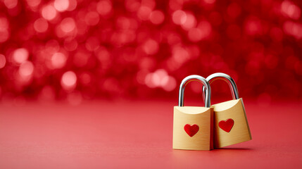 Pair of shiny metal locks decorated with hearts as symbols of love and unity for romantic holiday banner