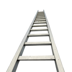 Ascending a wooden ladder against a dark backdrop towards an unseen height