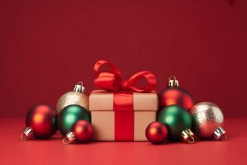 Festive Christmas Gift Box Surrounded by Colorful Ornaments