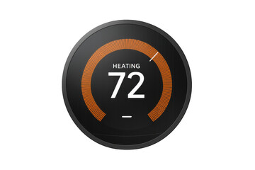 Smart thermostat digital display showing heating temperature