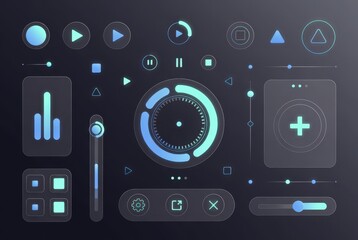 The layout shows multiple buttons and controls for a digital interface. It includes play, pause, and volume sliders, set against a dark background. The design features simple geometric shapes