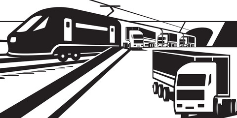 Trucks exit a freight train on a platform - vector illustration