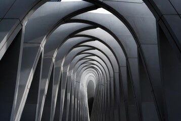 Curved lines create a tunnel effect in a modern building. Light and shadows play over the surface, showing the design's unique features in a public area