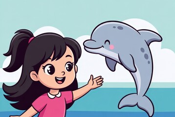 A girl stands near the water's edge with a smile while a dolphin jumps playfully in the ocean. The sky is blue and clouds are visible in the background
