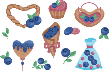 Vector set of elements with blueberries and hearts, cake, pretzel, berries, leaves