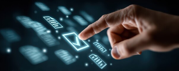 Hand touches a glowing checkmark icon on a futuristic digital interface screen