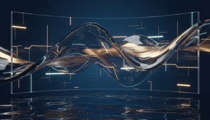 Dynamic waves flow through a virtual space, showing light patterns and reflections on a dark surface. The scene combines technology with abstract design, evoking a sense of movement