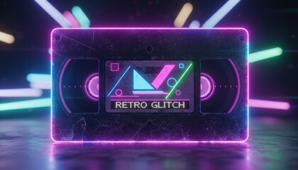 A VHS tape sits on a flat surface with a retro glitch design. Bright lights in various colors illuminate the background, creating a vibrant atmosphere at night