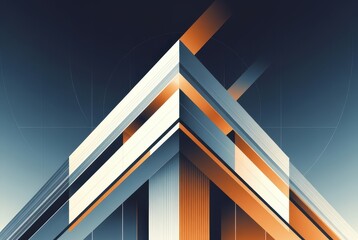 Bright lines and shapes meet at sharp angles in an urban scene. The design uses colors like orange, white, and blue. This structure stands tall against the evening sky