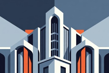 A structure with sharp geometric shapes stands prominently in an urban area. The design features bold lines and contrasting colors under a clear sky