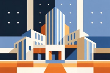 Geometric shapes form buildings in this design with a blue and orange color scheme. The scene captures a modern style with clear lines and structured forms at night
