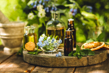 Alternative green herbal medicine. Natural plant-based ingredients for skin care beauty products, perfumery production. Small business, laboratory, drug research, organic extracts in glassware