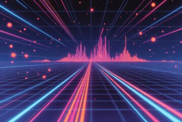 Lines of colors extend into the distance, creating a grid. Sound peaks rise and fall in waves, representing audio. Bright points dot the dark background, adding interest