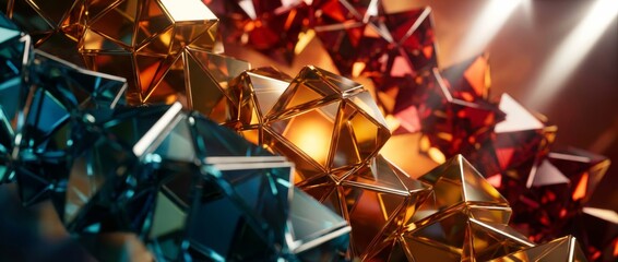 Faceted geometric glass polyhedra with gold edges in blue, amber, and red colors float in a dynamic abstract composition with cinematic lighting