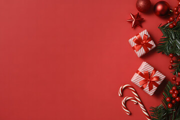 Red background with Christmas presents and decorations 1