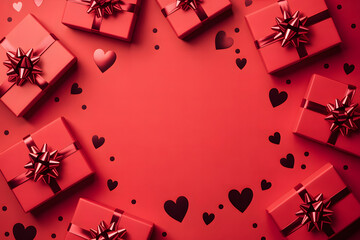Red background with wrapped gifts and heart shapes