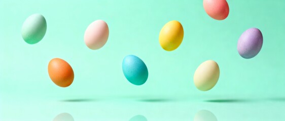 Colorful pastel easter eggs floating in the air. Minimalist holiday celebration on a mint green background. Happy Easter banner with copy space