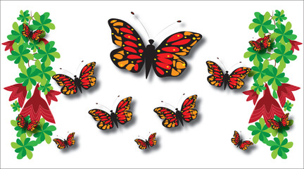 Red floral border with leaves and butterfly elegant vector frame design.