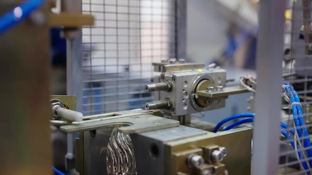 Close-up of automated industrial machinery with a pneumatic actuator, metal components, and blue air tubing, operating behind a safety mesh guard during a high-precision manufacturing and assembly