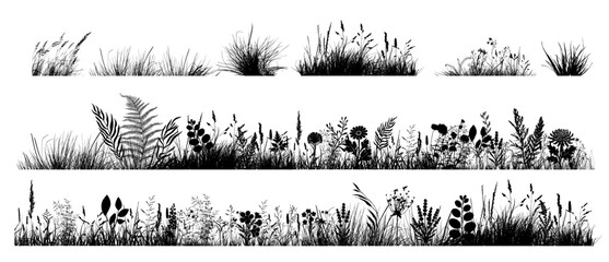 Silhouette of grass horizon. Border, meadow springtime, Hand drawn. Not AI, vector illustration