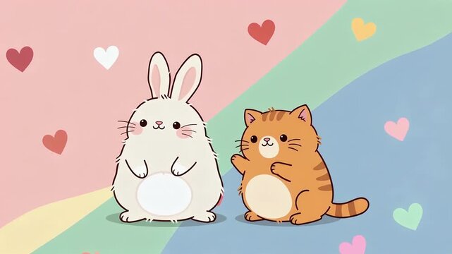 Cute Rabbit and Cat Friends in Colorful Hearts Scene.
