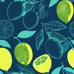 Seamless pattern with lemon fruits and branches. Vector illustration in contemporary hand-drawn bold style.