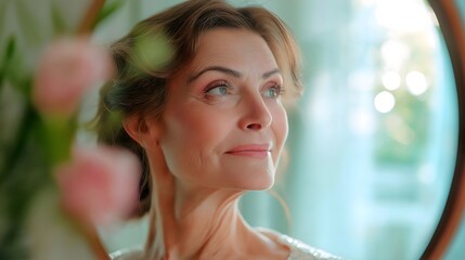 Elderly womans serene expression in a tranquil indoor setting