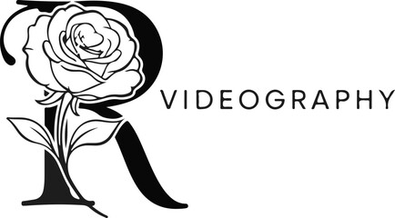 Elegant 'R' monogram with a delicate rose and the word "VIDEOGRAPHY"