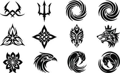 Collection of bold black tribal and abstract graphic design elements