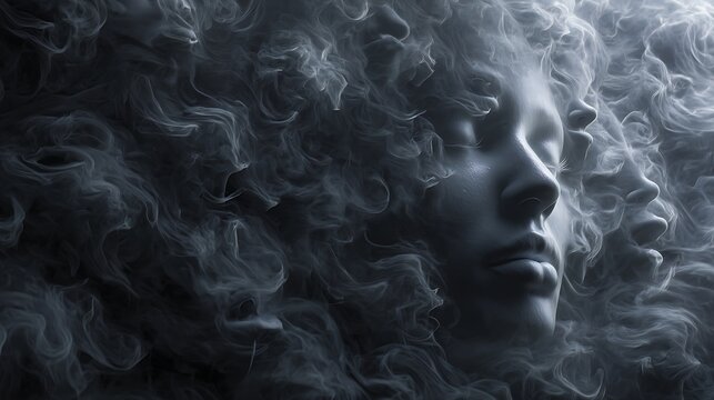 a human face surrounded by swirling smoke forming whispering mouths, symbolizing anxiety and intrusive thoughts, dark gray tones, cinematic realism &mdash; v 7 